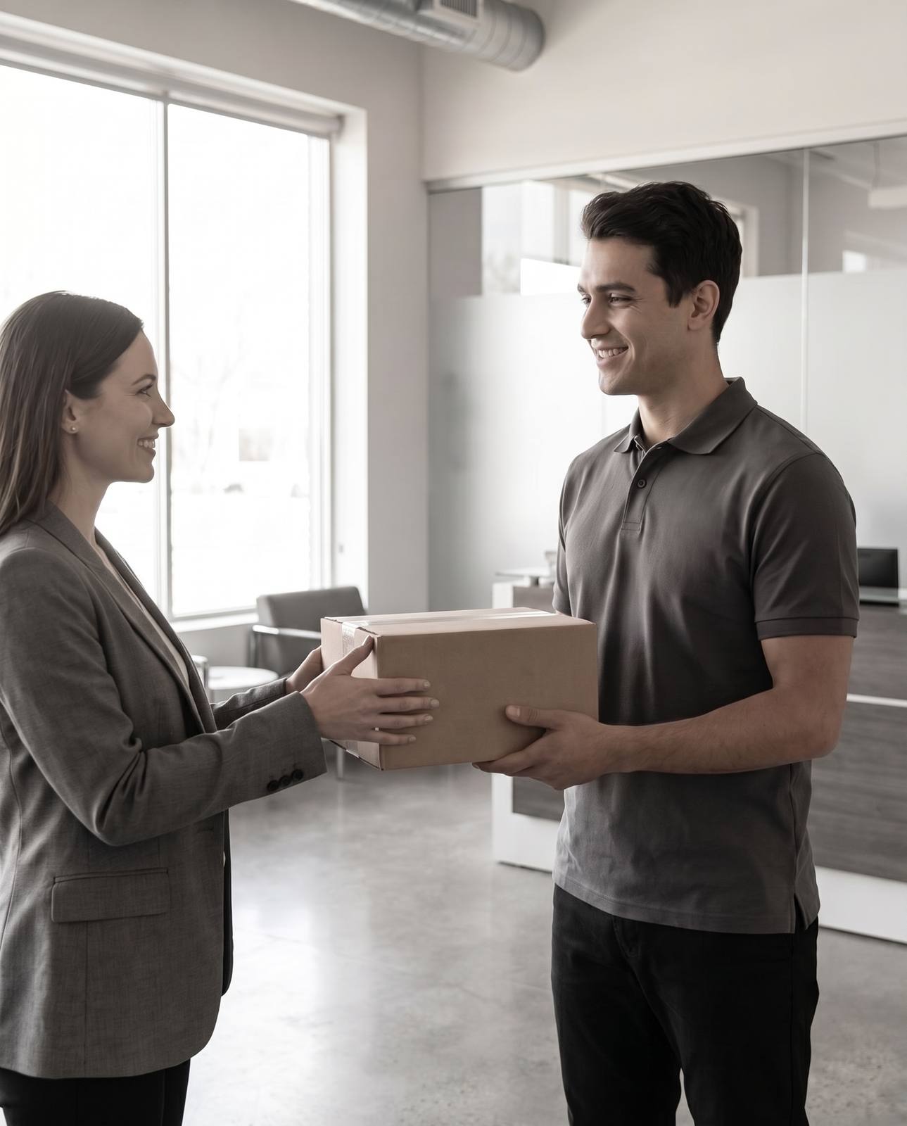 A REMUX driver handing a parcel to the customer at the door