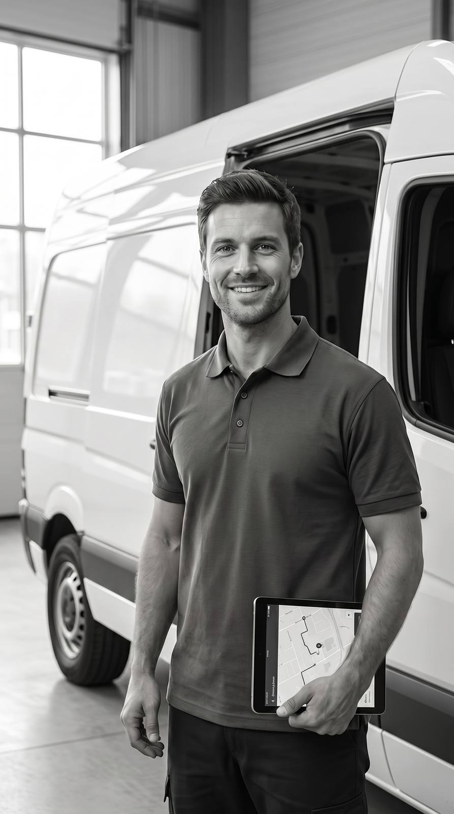 A uniformed REMUX driver standing by the van