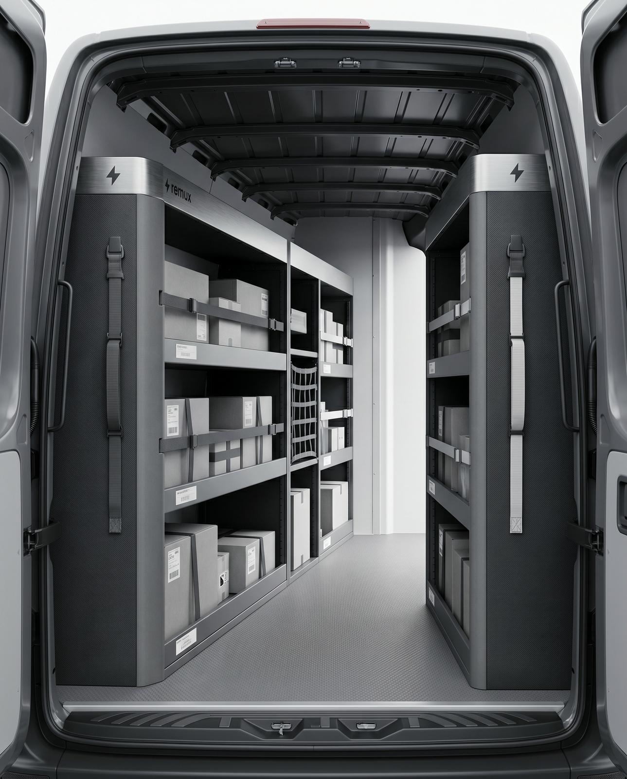 Parcels loaded in the cargo bay of a REMUX van